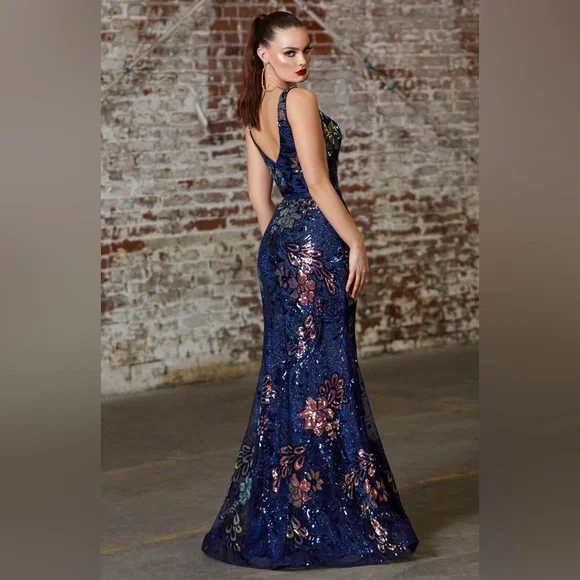 Cinderella Divine 14 Blue Iridescent Floral Sequin Full Length Gown Style J797 - Picture 5 of 9